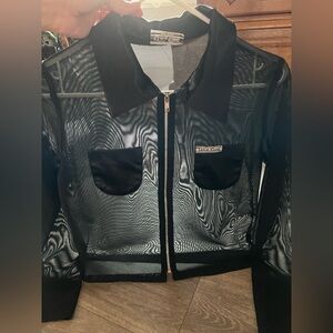 Vintage 90s Uno Core Zippered Black Sheer Top w Satin Collar & Chest Pockets M